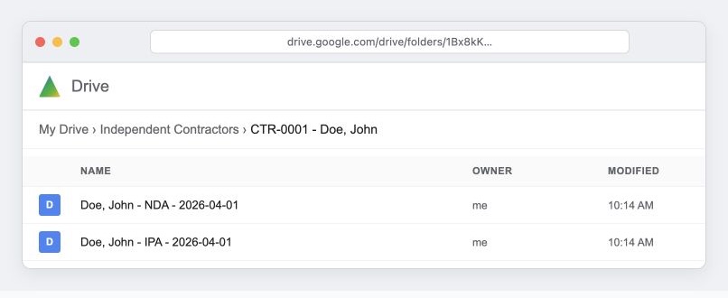 An anonymized Google Drive folder containing prepared contractor agreements